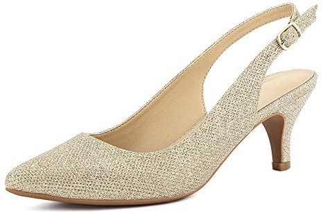 Greatonu Spitz Sandalen Slingback Kitten Absatz Pointed Toe Gold-T Glitzer Größe 40EU