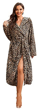 M&M Mymoon - Accappatoio da donna in pile con cappuccio, comodo e morbido, Cappuccio con stampa leopardata, Small-Medium