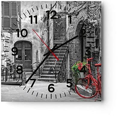 Modern Wanduhr Rot Fahrrad Allee 40x40cm Quadrat Groß Wand Uhr Glas Analog Zimmeruhren Küche Büro Wohnzimmer Glasuhr Wall Clock Dekoration Design Wanddekoration Küchenuhr C4AC40x40-4410
