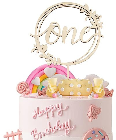 BETESSIN One Kuchen Topper Holz Kuchenstecker Kuchendeko Tortendeko für 1. Geburtstag 1. Jahrestag Gender Reveal Partydeko