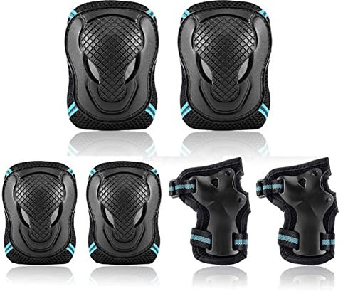 Kinder Schützer Set, 6 in 1 Kinder Knieschoner Skating Ellenbogenschützer Schonerset Schutzausrüstung Handgelenkschoner Schutzpolster Inliner Schützer für Skateboard Fahren Roller - Schwarz und Blau