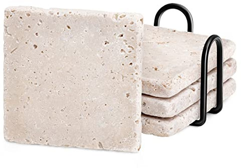 Maverton Sottobicchieri in arenaria + contenitore in metallo - quadrati in pietra 10x10cm - completo da 4 pezzi - sotto tazza quadrato - pensiero speciale per Lui e per Lei