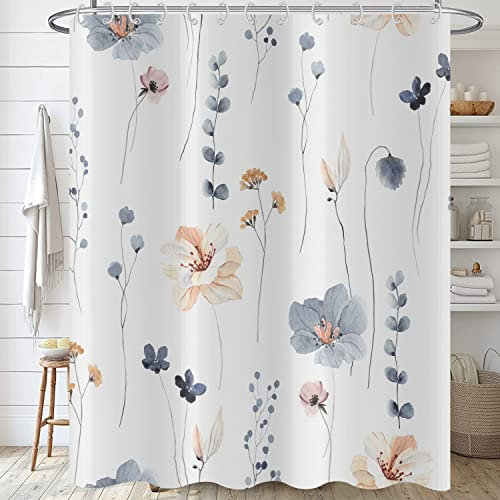 Hnmdmyi Rideau de Douche Fleurs 180x180, Bleu Beige Aquarelle Fleurs Rideau de Douche Moderne Minimaliste Blanc Rideau de Baignoire Imperméable Polyester Tissu Lavable Rideau de Bain avec Crochets