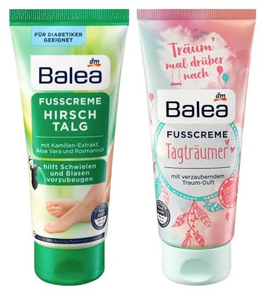 Balea 2er-Set Fußpflege: Fußcreme HIRSCHTALG mit Aloe Vera gegen Blasen, Schwielen & Hornhaut (100 ml) + Fußcreme TAGTRÄUMER mit Sheabutter (100 ml), 200 ml