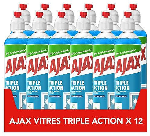 AJAX - Vaporisateur Nettoyant Vitres Triple Action - Vitres & Surfaces Laminées - 100 % Sans Traces & Action Anti-Buée- 97% Ingrédients d'Origine Naturelle - Ecolabel - Lot de 12 x 550 ml