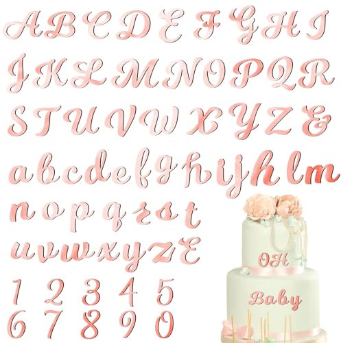 Jspupifip 64 Pcs Acrylic Cake Alphabet Numbers Topper, Mirror Number 0-9 and Alphabet A-Z Personalized Cake Picks Decor Anniversary Wedding Baby Shower Party Supplies(Rose Gold)