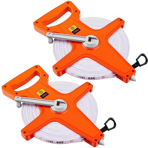 Kanayu 2 Pieces 330 ft Open Reel Retractable Long Fiberglass Tape Measure Feet and Meters Measuring Yard for Engineer Sport Field Project Construction