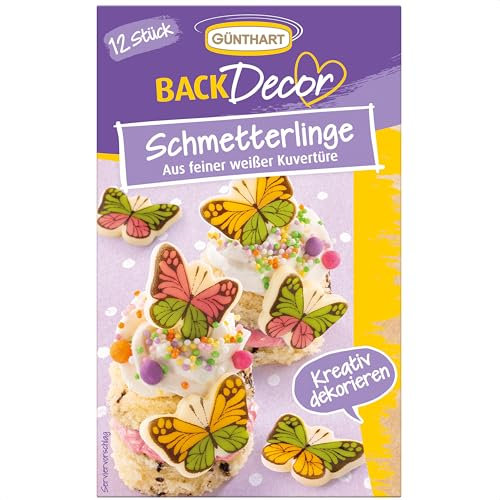 Günthart BackDecor 12 Stück Schmetterlinge aus feiner weißer Kuvertüre bunt bedruckt als Tortendekoration