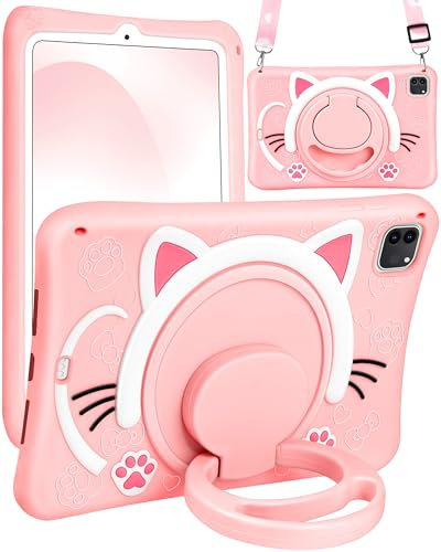 Wazzasoft Custodia per iPad Air 5a/4a generazione 10.9/Pro 11 Custodia Ragazze Gatto carino Kawaii Cover Girly Donne con Manico Rotante Stand & Cinghia Morbido Silicone Funda per Apple iPad Air