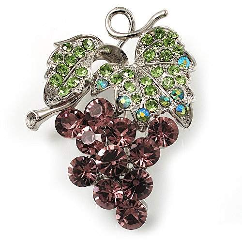 Broche grappe de raisins en strass (lilas et vert clair, ton argent)
