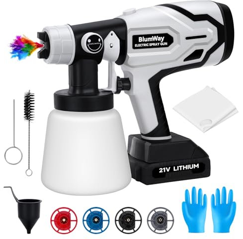 BlumWay Sistema a spruzzo elettrico HVLP 1L pistola a spruzzo elettrica, 4 ugelli in rame con pulsante per regolare la larghezza dello spruzzo di 180°, per dipingere mobili, soffitti, recinzioni,