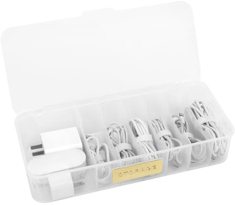 Plastic Cable Management Box, Desktop Compact Electronics Organizer with Lid and 7 Compartments Large Cable Organizer Storage Box Power Cord Case for Desk Drawer, Office, Home Use White