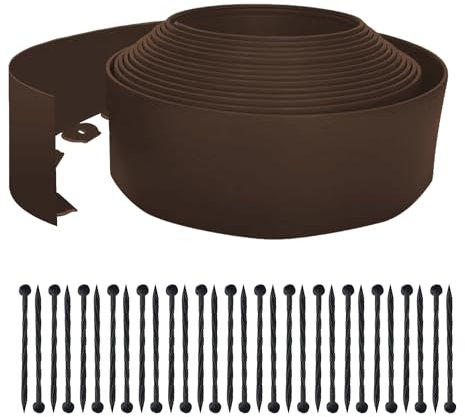 Flexible Lawn Edging Border with Length 10m, 10cm Plastic Garden Edging Border Kit with 30pcs Garden Pegs, No-Dig Path Edging for Grass Flower Bed Cobblestone (Brown)