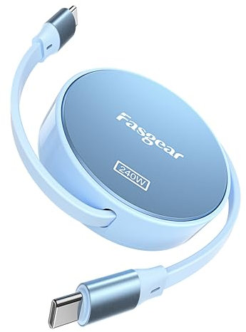 Fasgear 240W USB C to C Cable 3.3ft Retractable 5A Fast Charging Type C Cord for 100W USB C Charger [4-Stretch Length] Compatible with i-Phone 15 Pro Max, Le-novo Y7000P, Surface Pro 9 (Blue)