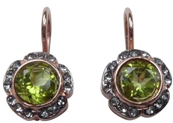 Grüne Peridot-Ohrringe Sterling-Silber vergoldet Rot-Vergoldung 18 Karat Strass glänzend Brisur Jugendstil festlich elegant Handarbeit Italien