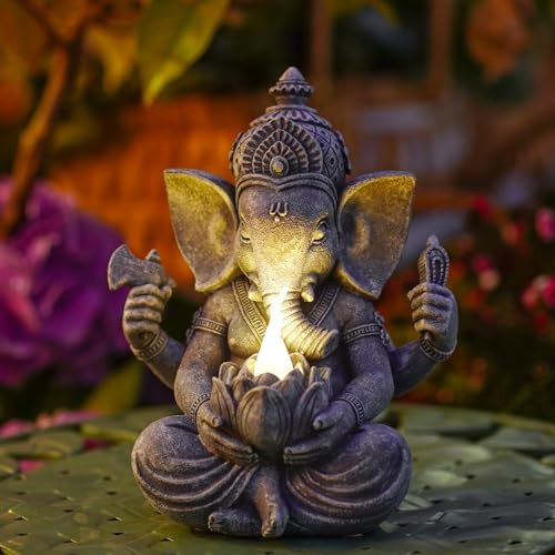 Statue de Ganesh avec lampes solaires – Figurine de Bouddha hindou Ganesh pour décoration de temple Mandir