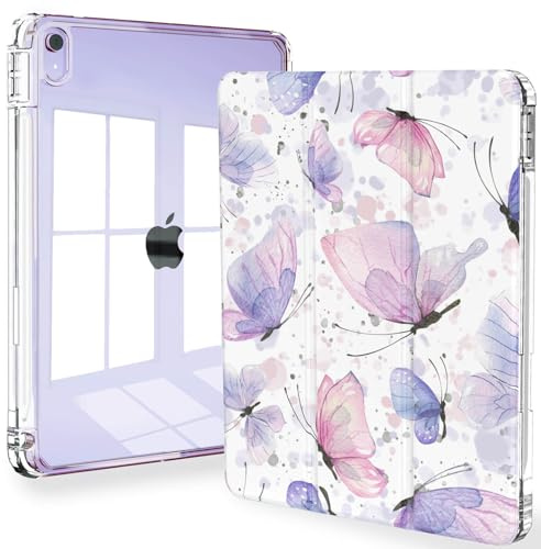 Feams Schlanke Hülle für iPad Air 11 Zoll M3 2025, M2 2024, iPad Air 5. Gen. 2022, iPad Air 4. Gen. 2020 10,9 Zoll, transparente Rückseite, Stifthalter & automatischer Schlafmodus, lila Schmetterlinge