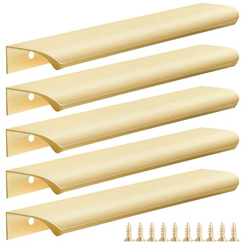 Malimali 5 Pack Gold Kitchen Cupboard Handles - 200mm Finger Edge Pulls for Cabinets and Drawers, Modern Aluminum Wardrobe Door Handles, Brushed Brass Bathroom Cabinet Pull
