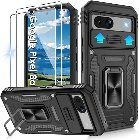Jshru for Google Pixel 8a Case with 2 Pack Screen Protector,Military Grade Shockproof Case with Slide Camera Cover,Ring Stand Phone Cover for Google Pixel 8a,Black