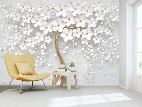 Naturempress Fototapete 3D Effekt Tapete Weiße Blume Tapeten 3D Effekt Vliestapete Wohnzimmer Schlafzimmer Wandbilder Wanddeko