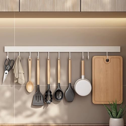 LNGFSH Hakenleiste Küche Hängeleiste Küchenreling Aluminium Küchenutensilienhalter Stange Küchenleiste Küchenhelfer Kochzubehör (mit 10 Haken 50cm)