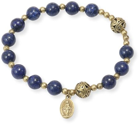 Nazareth Store Bracciale rosario con perline di pietra con distanziatori in metallo e medaglia cattolica - Gioiello da polso resistente ed elegante (Lapislazzuli | Miracoloso)