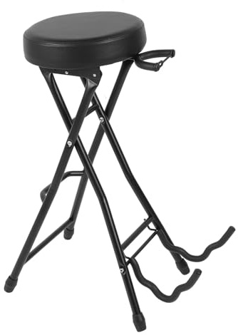 Klappbarer Gitarrenhocker, 29,1 Zoll Hoher Gitarrensitz, Gitarrenstuhlsitz mit Gepolstertem Sitz und Hinten Montiertem Gitarrenaufhänger, Gitarrenhockersitz für Akustik-,