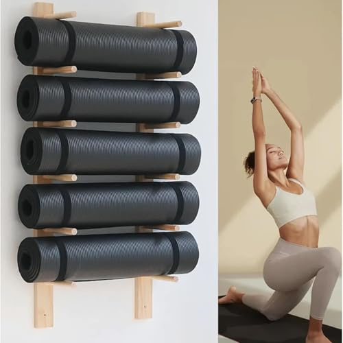 DFANCE Wandhalterung für Yogamatten aus Holz,Wandregal-Organizer für Schaumstoffrollen,Fitness-Organizer zum Aufhängen an der Wand aus Holz für Zuhause Fitnessstudio Schule Büro(Size:6 Layer 105cm)