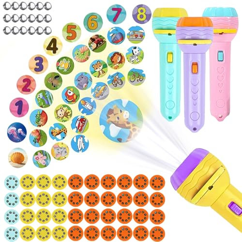 4 PCS Taschenlampen Projektor für Kinder, Diaprojektor Spielzeug mit 80 Tiermustern Dinosauriern Transportfahrzeugen Früchten und Ziffern Taschenlampenlicht, Projektor Geschenk für Frühkindliche