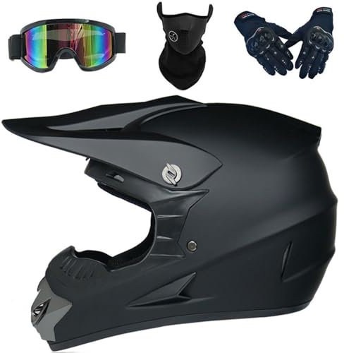 Dirt Bike Motocross Helmets with Goggles Gloves Face Mask, 4PCS Set, Men Women Full Face Motorcycle Helmet Mountain Bike Off Road Helmets, DOT Approved ATV Helmet(Dark black,M(54-55cm))