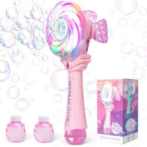 Britik Baguettes à bulles pour enfants de 4 à 8 ans : moulin à vent lumineux automatique rechargeable avec 2 solutions à bulles, jouets d'anniversaire pour tout-petits, cadeau pour filles de 3, 4, 5,