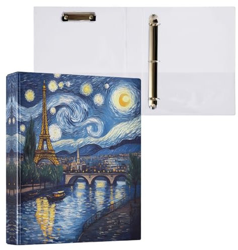 Ordner Paris Eiffelturm, blauer Sternenhimmel, 3,5 cm, 3-Ring-Ordner mit drei Ringen, dekorativ mit rutschfestem Metallclip, langlebige Basisordner für Schule, Büro, Zuhause, 1 Stück