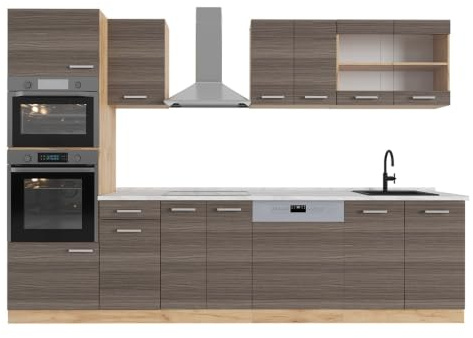 Vicco Küchenzeile R-Line, Edelgrau/Goldkraft Eiche, 300 cm