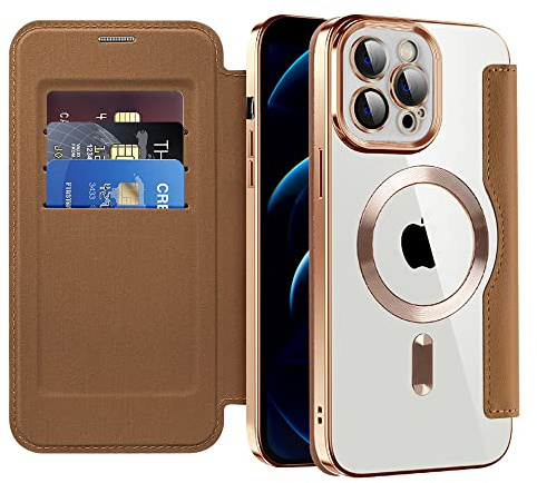 QIWEIQING Case for iPhone 12 Pro Max with Card Holder. Brown JDC | Compatible with MagSafe, RFID Blocking, Shockproof, Premium Leather Flip Wallet Cover, Magnetic Clear Silicone Back