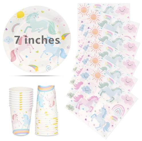 72Pcs Unicorn Birthday Party Plates Cups and Napkins, 7 Inch Disposable Strong Paper Plates and Cups, Party Tableware Set for Birthday Baby Showers Table Decorations