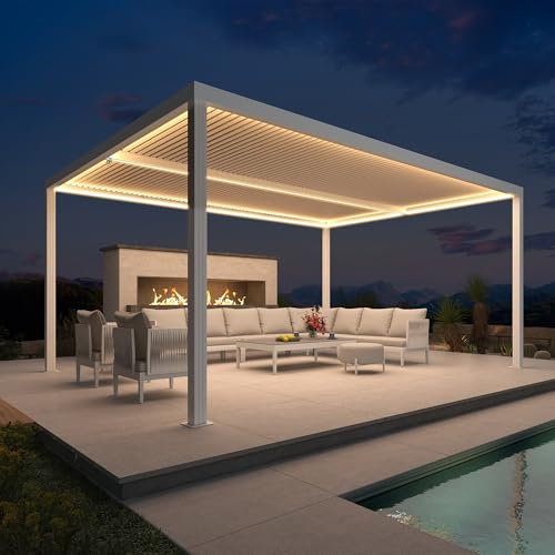 Pergola bioclimatica 4,8 x 3,68 m, baldacchino da giardino in alluminio impermeabile con striscia luminosa a LED regolabile doghe a lamelle perfette per terrazze esterne e posto auto coperto, colore