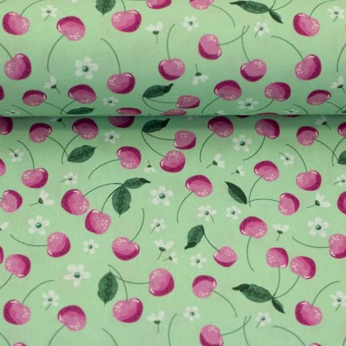 Baumwollstoff Früchte – Orangen, Kirschen, Erdbeeren – 5 fruchtige Designs – 100% Baumwolle – Ökotex zertifiziert – Meterware ab 50 cm – Stoff für Kleidung & Deko (Kirschen, mint)