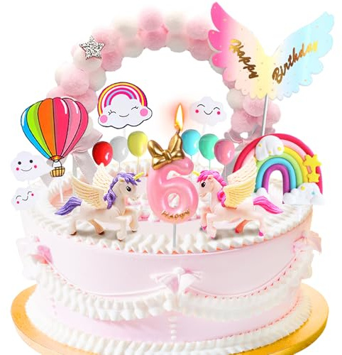 YOUYIKE Einhorn Tortendeko, Einhorn Tortendeko 6. Geburtstag Mädchen, Einhorn Figuren Cake Topper 6. Geburtstag, Einhorn Deko Kindergeburtstag, Torten Deko Mädchen
