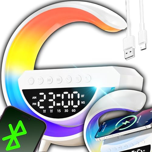 Retoo Nachttischlampe mit Ladefunktion - LED Touch Dimmbar mit 7 RGB Farben, Kabelloses 15W Laden -Bluetooth Lautsprecher, Wecker & Uhr, USB AUX TF, Für Schlafzimmer, Büro, Kinderzimmer