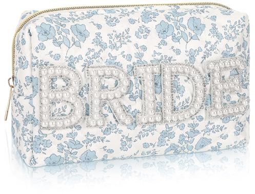 Sunnymove Large Quilted Cotton Bride Patch Letter Floral Makeup Bag for Women Bridesmaid Engagement Gift Bag Pouch Purse Bridal Shower Gifts for Engagement Wedding(8.1 X 5.1 X 2.8,Bride)