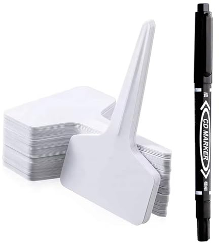 Henyall 100Pcs Plant Labels and Marking Pen, Waterproof Garden Plant Tags for Outdoor Plants,Plastic Plant Markers,T-Type Seed Markers for Herb, Vegetable & Flower Gardening (White,6x10cm)