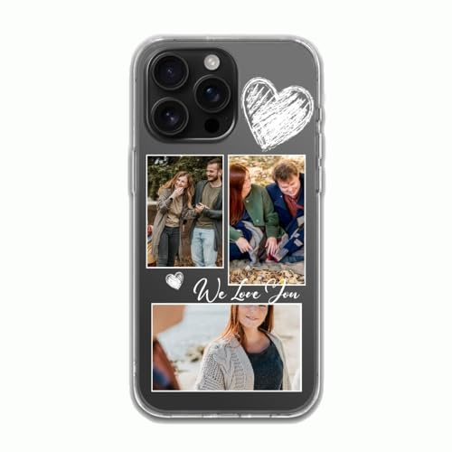 Clear Custom Case für iPhone 16 15 14 13 12 11 Pro Max XR X 8 7 SE mit drei Bildern + Text Design