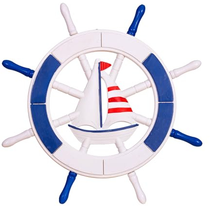 Birendy Holzdeko Steuerrad in Blau Weiß mit maritimen Applikationen Durchmesser 43cm Perfekte maritime Dekoration (16-Blau-Weiss-Schiff)