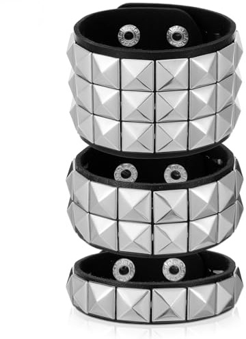 LXUEJIE 3 Stück Leder Punk Armband, Gothic Lederarmband Metall | Verstellbare Rock Biker Armband Set Manschetten Armreif Unisex für Halloween Partygeschenke Rock Konzert Kostümparty