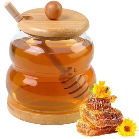 Kaiyzo Honigglas mit Deckel und Honiglöffel, Honigtopf aus Glas, Praktischer Honigspender & Honigbehälter für Honig, Sirup und Marmelade für Küche und Haushalt (330, Milliliter)