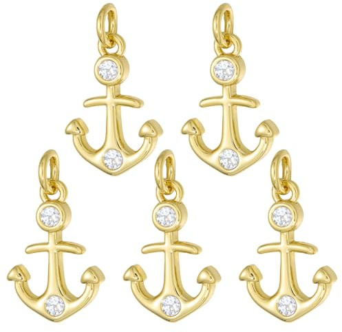 COGCHARGER 5 Stück Goldener Anker Charms mit Kristall Zirkonia Messing Nautik Ozean Sommer Anhänger für Armbänder Schmuckherstellung DIY Halsketten Ohrringe