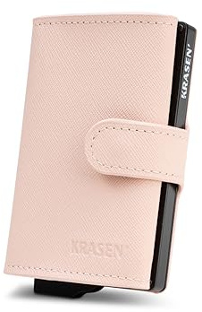 KRASEN' - Portafoglio e Porta Carte Saffiano Rosa con Sistema Anti-Clonazione, Scatoletta in Alluminio Assemblata a Mano, Bottone e Cerniera Porta Monete
