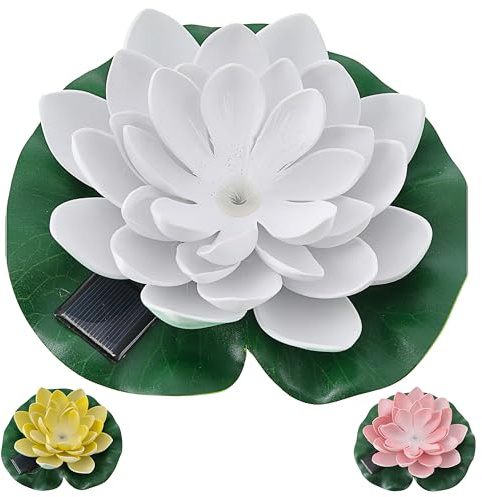 Cepewa LED Seerose Floating 3er Set | Eva PVC Ø17x6cm gelb weiß rosa Solar | Akku An-/Ausschalter Solar Panel | schwimmendes Dekolicht Lotusblume | Blume warmweißes Licht (3, Ø17x6cm)