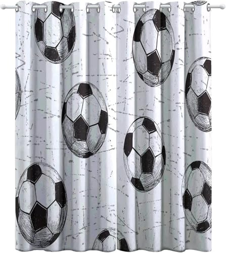 Vorhänge Blickdicht Schwarz-Weiß-Fußball Verdunklungsvorhänge mit Ösen Thermovorhang 3D Druck Sportthema Vorhang Verdunkelung für Kinderzimmer Küche Kleines Gardinen 2er Set 2x60x150cm BxH A/926