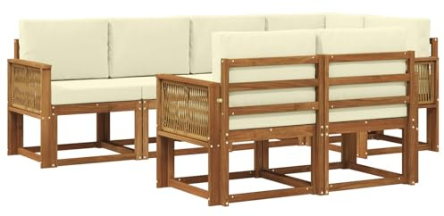 vidaXL Outdoor-Sofagarnitur mit Kissen 7 pcs Natur und Creme Polyester, Stylisches Outdoor-Sofa-Set, Moderne Gartenmöbel, wetterfestes Akazienholz, modulares Sitzen für Terrasse und Lounge